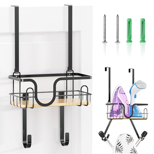 LOXSUN Soporte para tabla de planchar sobre la puerta, colgador de tabla de hierro montado en la pared, colgador de hierro y tabla de planchar con cesta, ganchos ajustables para hierro (negro)