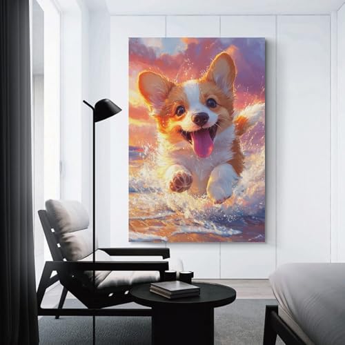 Décoration Murale Corgi Tableau Toile Salon Moderne 50x75cm