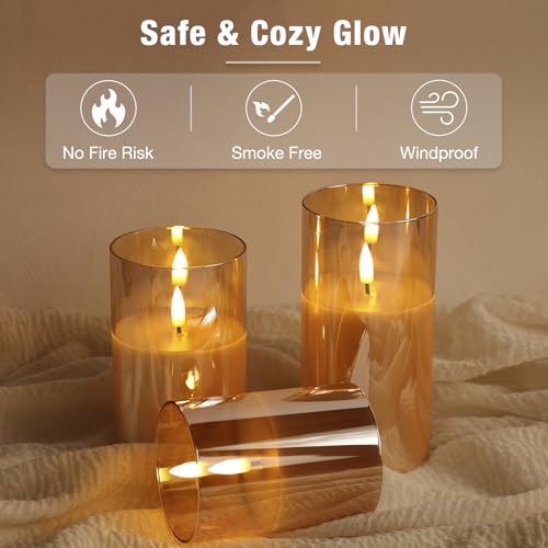 Eywamage Gold Glass Flameless Candles with Remote, Flickering Battery Christmas LED Pillar Candles Set of 3 - Image 5