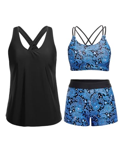 Image of Holipick 3 Piece Tankini Swimsuits for Women Tummy Control Bathing Suits Swim Tank Top with Bra Boy Shorts Teen Swimwear 2026