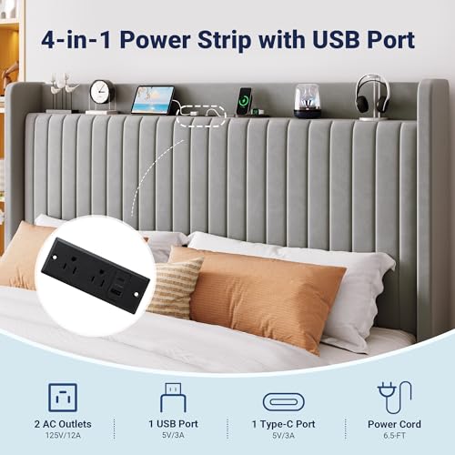 Image of Allewie King Size Lift Up Storage Bed Frame,Storage Shelf Headboard with Charging Station,Type-C and USB Ports,Hydraulic Support,Velvet Upholstered Bed Frame,No Box Spring Needed,Grey