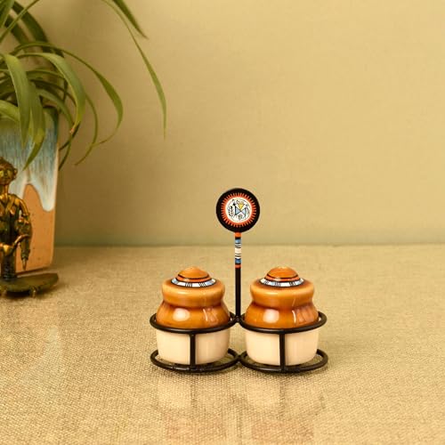 Image of Aakriti Art Creations Ceramic Salt & Pepper Set with Metal Stand | Handcrafted Modern Art Kitchen & Dining Dispenser Set | Salt Pepper Shaker Set for Dining Table | Kitchen Decoration Items Stylish