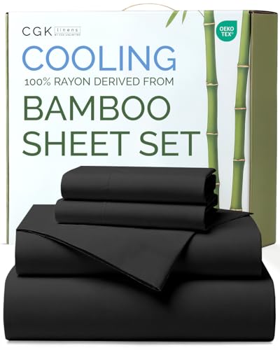 100% Rayon Derived From Bamboo - Bamboo Sheets Queen Size - Cooling Sheets for Queen - Ultra Soft Breathable & Hotel Luxury Bedding - 1 Flat & 1 Fitted & 2 Pillowcases w/ 18 Inch Deep Pockets - Black