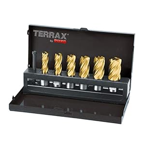 TERRAX Kernbohrer-Satz HSS-TiN mit Weldonschaft (3/4"), CBN geschliffen, in Industriekassette, Titan-Nitrid-Beschichtung, Auswerferstift, 7-teilig