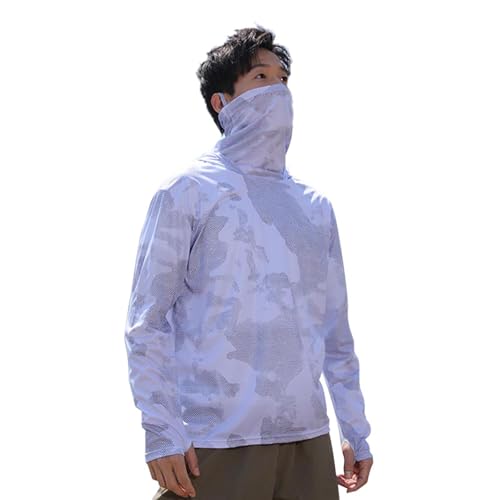 UPF 50+ Sun Protection Shirt Men's Fishing Long Sleeve Hooded Rash Guard Hiking Swimming Running UV Hoodie with Mask