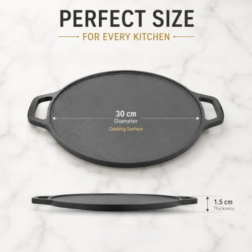 Image of GRIVAN Cast Iron Tawa for Roti & Dosa 12 Inch (30 cm) | Iron Dosa Tawa, Chapati Tawa, Uthappam Pan | Pre-Seasoned Cast Iron Cookware | Gas Stove & Induction Compatible (Black)