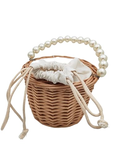 Rustic Wicker Rattan Wedding Flower Girl Baskets,Woven Rattan Storage Basket with Pearl Handles,Woven Eggs Candy Basket for Wedding Home Garden Decor (A)