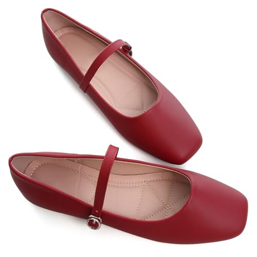 Image of TN TANGNEST Leather Flats for Women Retro Mary Jane Flats | Comfortable Square Toe Slip On Flats with Buckle Strap, Soft Work Flats Office Shoes
