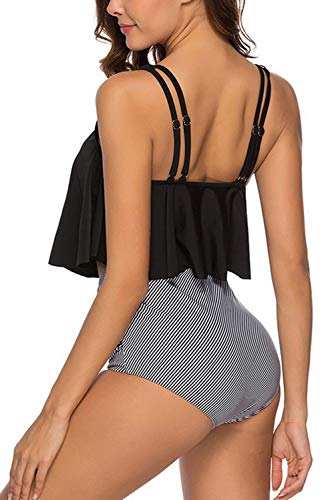 Image of Women High Waisted Bikini Swimsuit Flounce Vintage 2 Piece Bathing Suits | Vintage,tummy control,two piece bathing suits,plus size,swimwear,ruffled,tankini top,bikini bottom