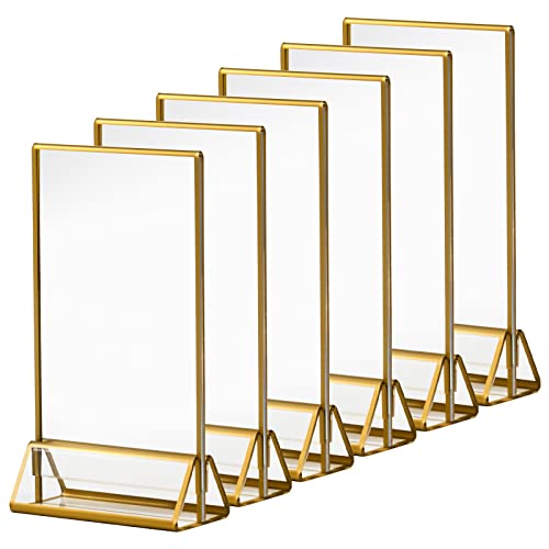 6 Pack 5 x 7 Acrylic Wedding Table Number Holder Stands, Gold Frames Sign Holders, Vertical Display for Restaurant Menu Recipe Cards, Double Sided Picture Frames Sign for Party Wedding Decorations by Dezzer - Used condition - US$13.17