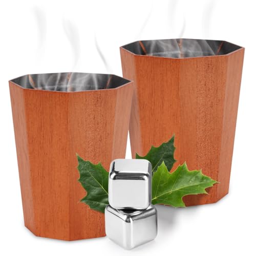 Charred Oak Whiskey Glasses Set of 2 - Wooden Bourbon Drinking Tumbler Cups Old Fashioned with 2 Ice Cubes - Dad Husband Whiskey Lovers