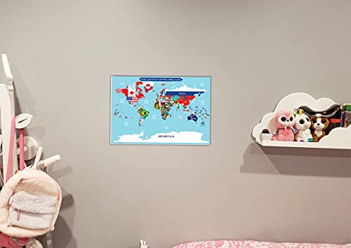 World Map Poster with Countries FLAGS For Kids (SMALL size13x19 World Map Laminated) Perfect World wall Map for School classroom or home