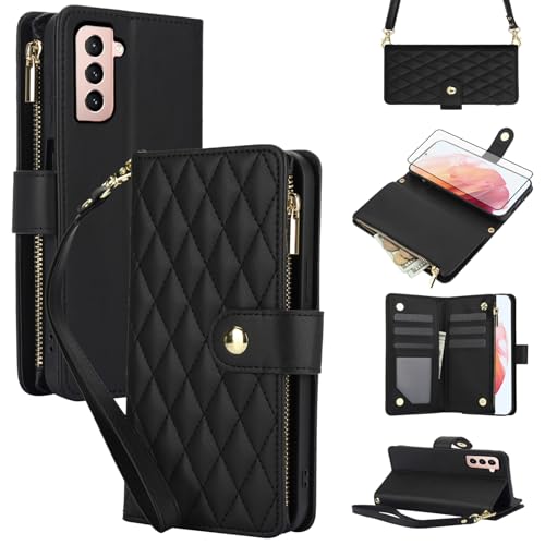 Coque Samsung S22 5G Asuwish avec protège-écran verre trempé et étui portefeuille à fermeture éclair