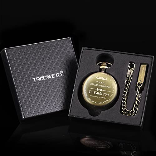 Image of TREEWETO Personalized Pocket Watch for Groomsmen Best Man Custom Engraved Pocket Watches Proposal Gift for Man Wedding Gifts, Groomsman Gifts for Men