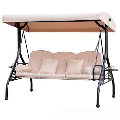 Outdoor Swing for Adults with Stand and Adjustable Canopy, Convertible Porch Swing Turns into Bed, Patio Swings with Deep Cup Holder & Thicken Cushions for Backyard (Beige)