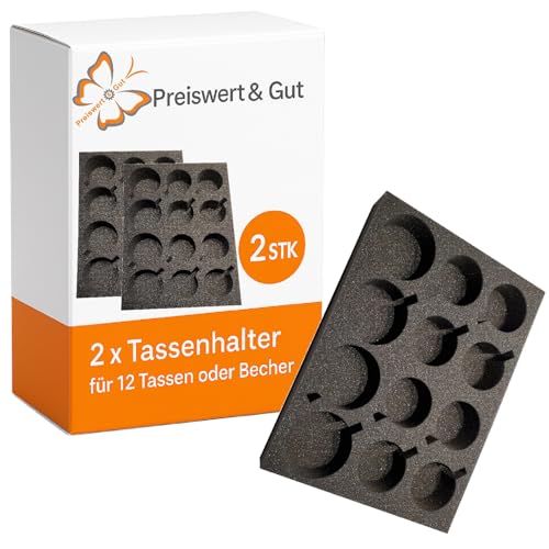 Preiswert&Gut 2 x Tassenhalter Wohnmobil für 12 Tassen oder als Gläserhalter nutzbar - Becherhalter Passend für Schrank 34x25x5,5cm - 4x Ø 7,5 cm und 8x Ø 6,0cm - Tassenständer PU-Schaum NICHT geklebt