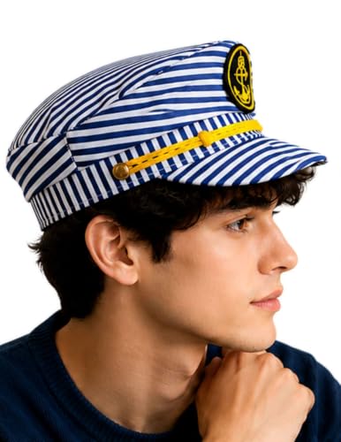 Image of BookMyCostume Unisex Blue and White Striped Sailor Captain Cap - Yacht Cap with Embroidered Anchor Badge and Gold Detail - Classic Marine Costume Accessory for Boat Parties & Summer Cruises | Adults
