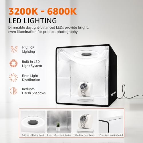 Image of Amazon Basics Portable Light Box 40x40cm, Professional Dimmable Photo Box with 6800K LED Lights, High CRI, 5 Color PVC Backdrops, for Jewellery & Small Product Photography
