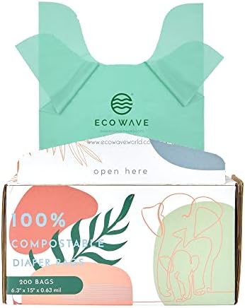 ECO WAVE 100% Compostable Diaper Bags, 200 bags, ASTM D6400, EN 13432, US BPI and Europe OK Compost Home Certified Disposable Biodegradable Baby Poop Bags