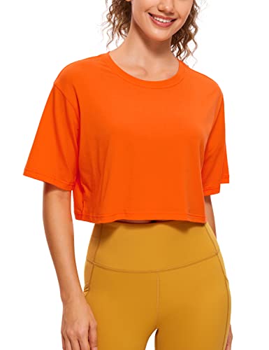 Image of CRZ YOGA Pima Cotton High Neck Crop T-Shirt | Workout, Naturally Soft, Loose Fit, Short Sleeve Tops for Women