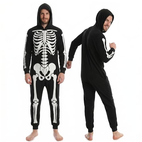 SLEEPHERO Mens Fleece Onesie Full Zip Hooded Union Suit Soft Adult One-Piece Year-Round Lounge Set Skeleton Medium