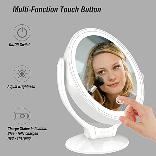 Aesfee Led Lighted Makeup Vanity Mirror Rechargeable,1X/7X Magnification Double Sided 360 Degree Swivel Magnifying Mirror With Dimmable Touch Screen, Portable Tabletop Illuminated Mirrors - White #TOP3