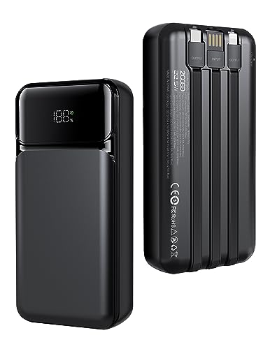 Guowo Portable Charger with Built in Cables 22.5W Fast Charging 20000mAh USB C Power Bank LED Display Battery Pack with 4 Outputs & 2 Inputs Dark Black