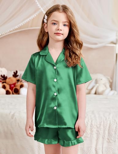 Image of Arshiner Girls Pajamas Silk Satin Pajama Set Button Pjs Ruffle Sleepwear | 2 Piece Nightwear, Silky Soft Lounge for Little & Big Kids, Ideal for Sleeping and Sleepover Party