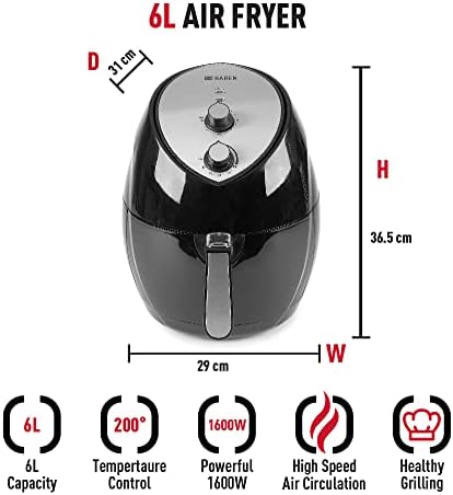 Haden Air Fryer 6 Litre Low Fat Compact Air Fryer - Timer 60min and Temperature Control ( up to 200°C) - 4.7L Basket - 6L Outer Pan - Black & Silver