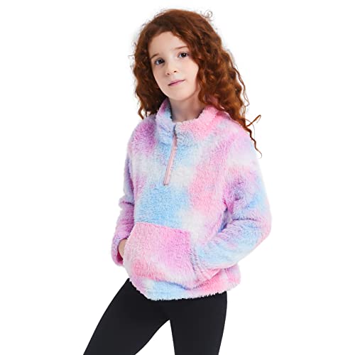 QPANCY Girls Tie Dye Sherpa Pullover Quarter Zip Casual Fuzzy Fleece Sweatshirt with Pocket