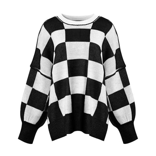 Simier Fariry Women Fall Oversized Plaid Sweater Pullover Winter Long