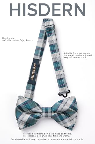 Image of HISDERN Mens Plaid Bow Tie Set Pocket Square and Cufflinks Bowtie | Pretied Bowties Design for Easy Wear,Check Pattern,Matching Handkerchief Cuff Link,3PCS Set Wedding Formal Party Groom Prom