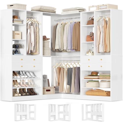 Besiost Closet System with 4 Drawers and Hanging Rods, 59.5"L / 87"L Closet Organizer System with Corner Tower, L Shaped Walk-in Closet System, Corner Closet System with Shelves, Set of 3, White