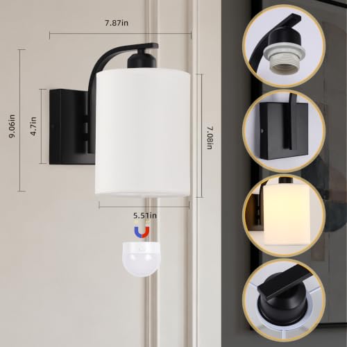 Image of Battery Operated Wall Sconce with Remote Control, Black Rechargeable Fabric Wall Lights Set of 2, 15 Colours Wireless Wall Sconce with 3000mAh Dimmable Detachable Bulb for Bedroom Living Room Hallway