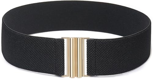 Glamorstar Stretchy Belt for Women Wide Elastic Waist Belt for Dresses Black Band Gold Buckle 70cm Fit Waist 28-30