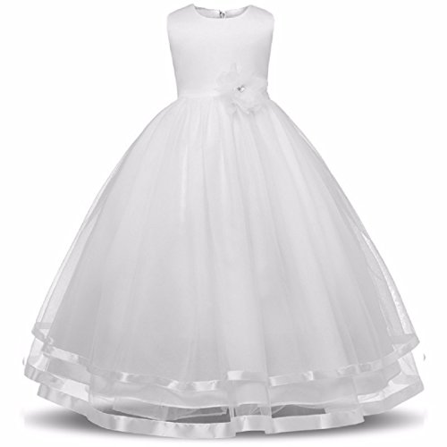 Image of Baby Girl's White Satin Round Nack Maxi Ball Gown Dress (WLT-064 6-7Years Kidswear)
