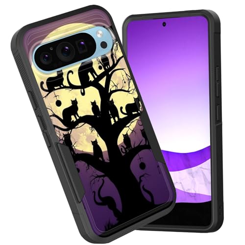 CICPLKSE for Google Pixel 10/Pixel 10 Pro 6.3 inch 2025 Case,Dual Layer Heavy Duty Hybrid Shockproof Hard PC Soft Silicone TPU Bumper Protective Cover Case,Black Cat Moon
