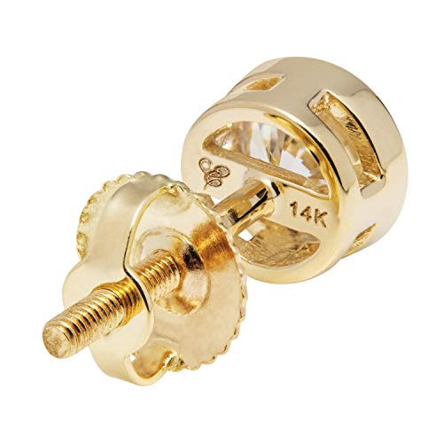 14K Solid Yellow Gold | Round Cut Cubic Zirconia Stud Earrings | 1 Ctw Bezel Set | Screw Back Posts | With Gift Box #TOP4