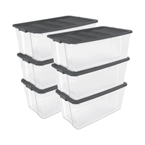 Sterilite 6-Pack Modular Stacker Box, Durable Clear Plastic Storage Bins with Latching Lids, 200 Quart - Stackable Organizing Container Boxes for Closet, Bathroom, and Office
