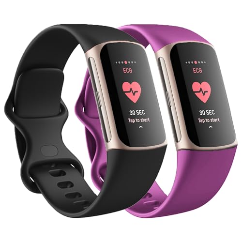 Correas de repuesto compatibles con Fitbit Charge 6 / Fitbit Charge 5 para mujeres y hombres, pulseras deportivas de silicona para mujeres y hombres, tamaño pequeño, negro y morado (paquete de 2)