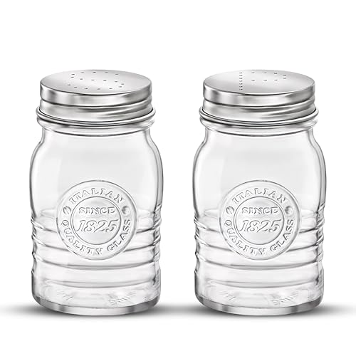 Bormioli Rocco Officina 1825 Salt & Pepper Jars Set of 2-8 Oz. Ribbed Glass Containers with Airtight Metal Lids for Seasoning, Cooking & Dining Table Use - Italian Glass Storage Design