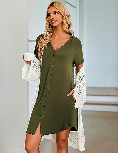 Image of Ekouaer Women's Button Down Nightgown Short Sleeve Sleepshirt V Neck Night Shirt Soft Pajamas Dress with Pockets