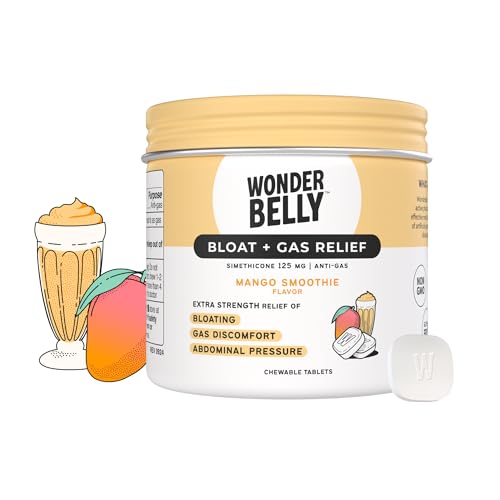 Wonderbelly Bloat Gas Relief Extra Strength Chewable Tablets with 125 mg Simethicone No Talc or Dye Mango Smoothie 35 Count