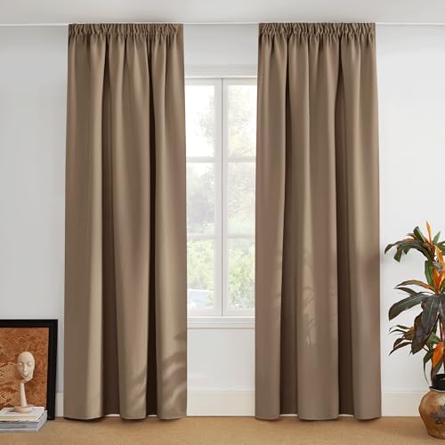 PONY DANCE Verdunkelnde Gardinen für Schienensystem Verdunklungsvorhänge | 2er Set, H260 x B140 cm, Cappuccino, mit Kräuselband, Thermovorhang gegen Kälte, für Wohnzimmer, Blickdic