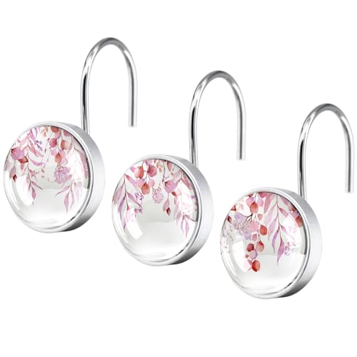 12 Pcs Pink Eucalyptus Shower Curtain Hooks - Decorative Shower Curtain Hooks Rings Set - Stainless Steel Round Resin Shower Rings Hangers for Modern Bathroom Home Bath Room Rods Decor