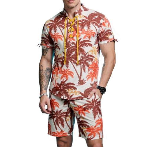 Mens 2 Piece Hawaiian Vacation Outfits Tropical Floral Beach Summer Shorts Sets(Z3010 L)