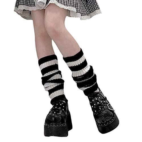 Women Girls Japanese Lolita Leg Warmer Gothic Punk Ribbed Knitted Boot Socks Harajuku Preppy Punk Cuff Ankle Heap Socks (C-Black White Stripe , One Size ) #TOP2