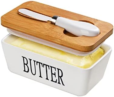 Ceramic Butter Dish with Bamboo Lid and Knife for Countertop, Small White Butter Crock Keeper for Fresh Butter, Double Silicone Seal, Perfect Size for West East Coast Butter