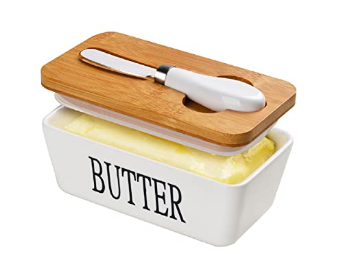 Ceramic Butter Dish With Bamboo Lid And Knife For Countertop, Small White Butter Crock Keeper For Fresh Butter, Double Silicone Seal, Perfect Size For West East Coast Butter #TOP3