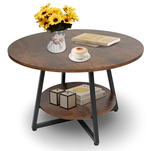 Image of Round Coffee Table, 2-Tier Circle Coffee Table with Storage, Modern Wood Round Center Table, for Living Room, Small Space, Home Office, Easy Assembly, Rustic Brown